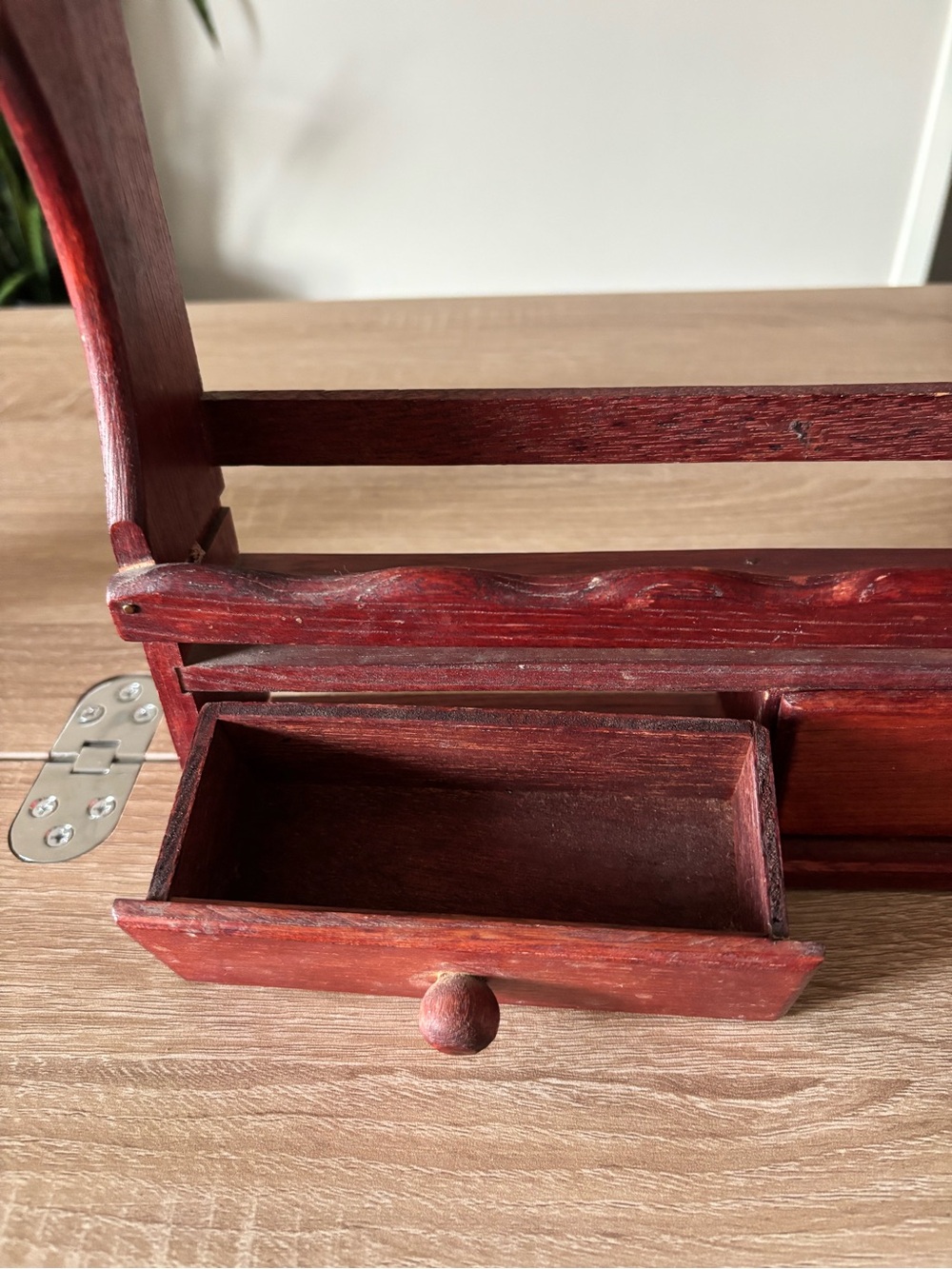 Vintage Handmade Red Solid Wood Spice Rack Shelf with Drawers - Picture 2 of 7